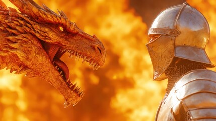 Intense Standoff Between a Fiery Dragon and a Brave Knight in a Dramatic Fantasy Setting with Flames and Epic Atmosphere