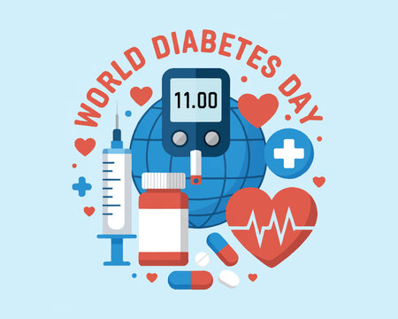 World Diabetes Day global awareness graphic featuring medical tools and health icons like glucose monitor, insulin pen, and stethoscope in a clear, impactful design.