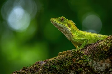Fototapeta premium A vibrant green lizard perches on a moss-covered branch, its gaze directed upwards, embodying the quiet majesty of nature