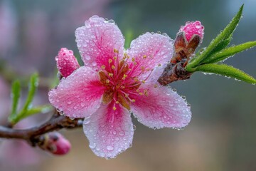 A Peach Blossom in Full Bloom with Water Droplets Capturing the Essence of Spring