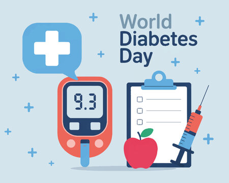 World Diabetes Day educational graphic featuring a glucose monitor alongside essential medical supplies like insulin pen and stethoscope for diabetes management. - Powered by Adobe