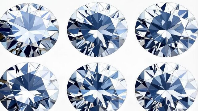 Geometric display of multiple round brilliant cut simulated diamonds on a white background, showcasing their facets and scintillation.