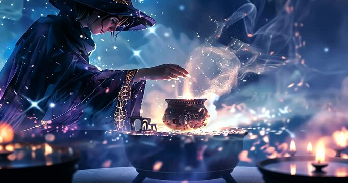 Enchanted wizard brewing potion in mystical setting