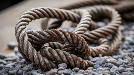 Fototapeta premium Textured Rope on Gravel Surface Capturing Rustic Nautical Aesthetic