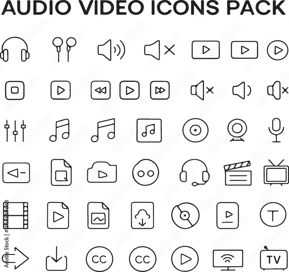 Poster a collection of audio and video icons in a simple line style