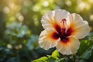 A hibiscus flower blooming with iridescent silver petals glowing subtly in soft focus against a summery bokeh background of golden green, the delicate folds and edge veins are rendered