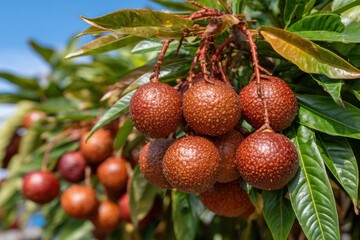 Obraz premium A bountiful cluster of lychee fruits hangs from a lush green branch under the clear blue sky