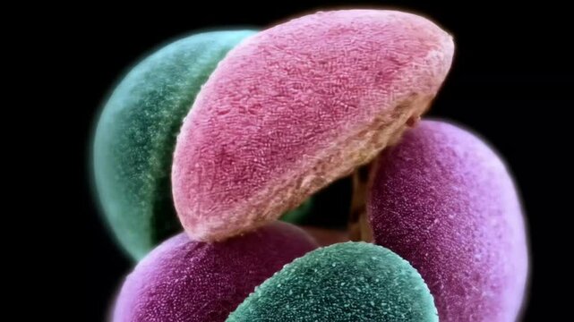 Close-up of textured, colorful, microscopic spheres, likely pollen grains, in a cluster.  Detailed surface textures