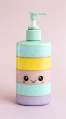 A cute pastel glitter striped pump bottle with a smiling face stands on a light pink background, perfect for bath or beauty products.