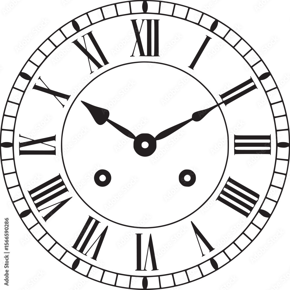 Poster clock face vector graphic with roman numerals for time telling and design element for watch and time