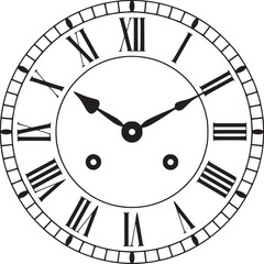 Clock face vector graphic with roman numerals for time telling and design element for watch and timepieces on transparent background