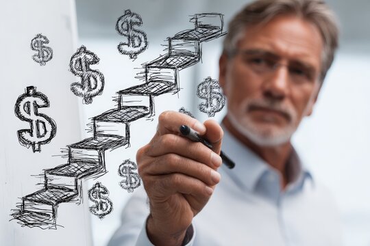 Man sketching financial growth: An executive draws a staircase with dollar signs on a transparent board, symbolizing financial growth and upward trajectory in a modern business setting.