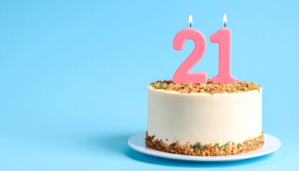 Elegant white and pink 21st birthday cake with nuts and pastel background