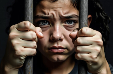 a sad child in despair in close-up, holding onto the bars with his hands. the concept of awareness of the fight against human trafficking. World Day against Human Trafficking