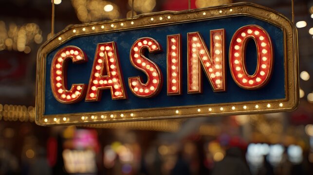 Illuminated Casino Sign: A glowing vintage casino sign with vibrant red lights and an elegant design beckons invitingly, evoking the allure of games and entertainment.