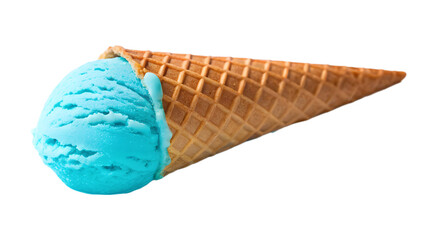 Blue ice cream scoop in a waffle cone isolated on transparent background