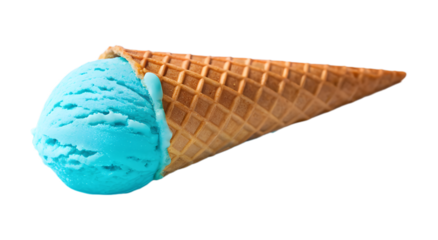 Blue ice cream scoop in a waffle cone isolated on transparent background