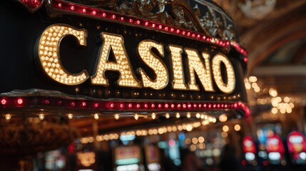 Casino Sign Illuminated: A captivating image of a casino sign ablaze with bright lights, signaling the thrill of games within and beckoning to all who seek a night of potential fortune.