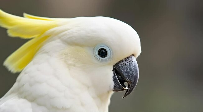 Close-up portrait of a white cockatoo with yellow crest, a beautiful tropical pet bird 4k animal video footage