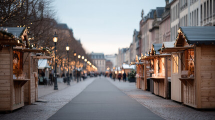Obraz premium A serene minimalist Christmas market scene, featuring simple wooden stalls adorned with subtle decorations and soft lighting. 
