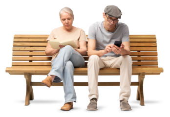 Mature couple sitting together on a wooden bench, woman reading a book and man using a smartphone. Studio image isolated on white background. Casual outfits, man wearing reading glasses and a hat