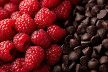 A vibrant array of ripe raspberries intertwined with dark chocolate chips, symbolizing a delightful blend of flavors and textures