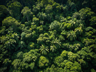 Aerial view of a lush rainforest in peak summer with dense overlapping canopy in deep green shades forming an uninterrupted organic surface, each treetop is shown in high-definition