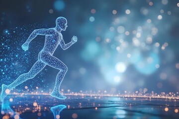 Naklejka premium Running Man in glowing polygonal connection dots with futuristic silver geometric background with copy space