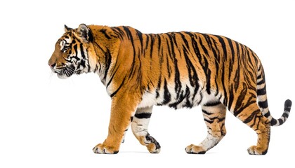 Bengal tiger in mid-step with intense gaze on white studio background