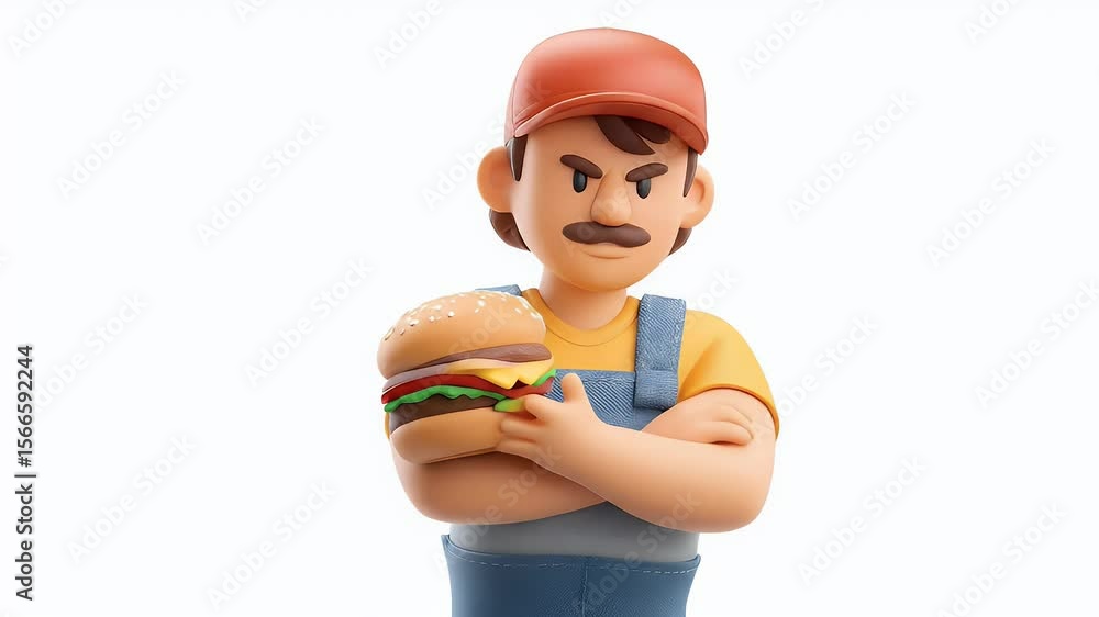 Poster grumpy burger guy: 3d animated character shows discontent