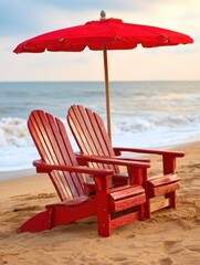 A Pair of Red Chairs on a Tranquil Beach at Sunset