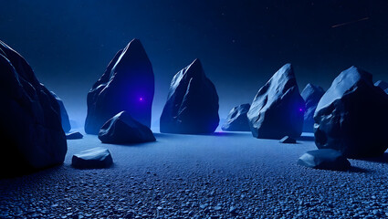 Obraz premium Mystical Stone Formation: An otherworldly landscape presents an array of imposing stones bathed in an ethereal, blue light, creating an atmosphere of mystery and intrigue.