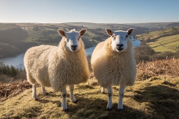 Two Sheep Standing on a Grassy Hill Overlooking a River Valley