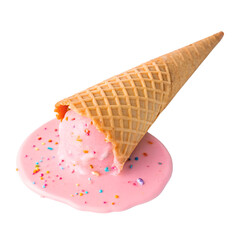 Melted pink ice cream cone dripping isolated on transparent background