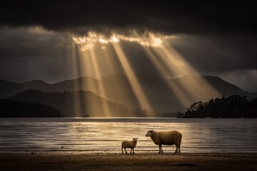 A Sheep and Its Lamb Stand in Silhouette Against a Radiant Sunrise Over a Calm Lake