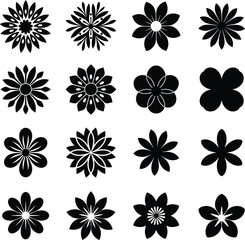 Fototapeta premium Collection of Sixteen Flower Designs in Black and White Silhouette