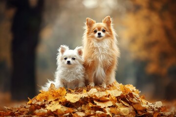 A serene moment captured between two adorable Pomeranian puppies amidst a bed of fallen leaves, embodying the tranquil spirit of fall