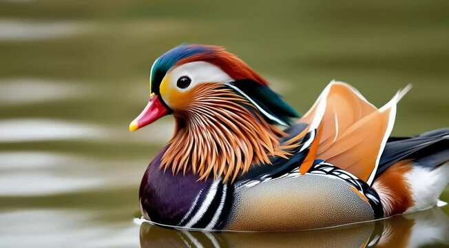 Colorful mandarin and mallard ducks gracefully swim in the wild, their vibrant feathers and distinctive beaks a beautiful sight in nature 4k animal video footage