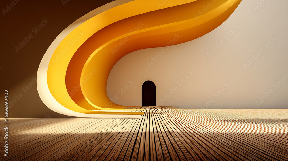 Poster dynamic architectural design featuring warm flowing curves and a textured wooden floor illuminated b