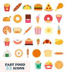 Fast food flat icons set. Vector illustration of french fries, burger, pizza, fried chicken, popcorn, sandwich, kebab, smoothie, milkshake, cake and other restaurant menu items.