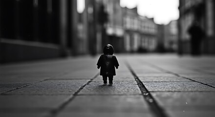 Small Figure Standing Alone on City Street A Black and White Photograph