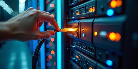 Network server rack with ethernet cable connection and hand plugging in data cord in modern data center technology environment
