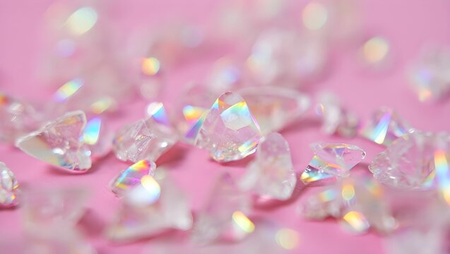 Close up of iridescent crystal shards scattered across a soft pink background with bokeh
