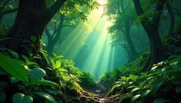 Sunlight Dapples Rainforest Floor, Revealing Lush Jungle Details, Mystery and Untamed Wilderness, Vibrant Green Canopy, Growth Environment