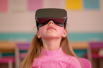 Young girl wearing VR headset in classroom