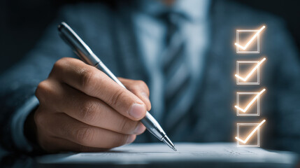 Person in business attire marking tasks with pen on a paper, digital task completion checkmarks appearing above