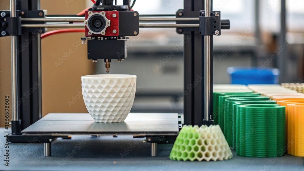 Poster a 3d printer is creating a white textured cup, with two 3d-printed objects in green and yellow besid