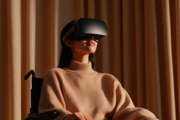 Young woman in wheelchair using VR headset