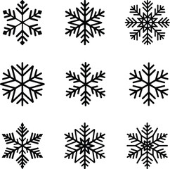 Collection of Nine Unique Snowflake Designs in Black Silhouette
