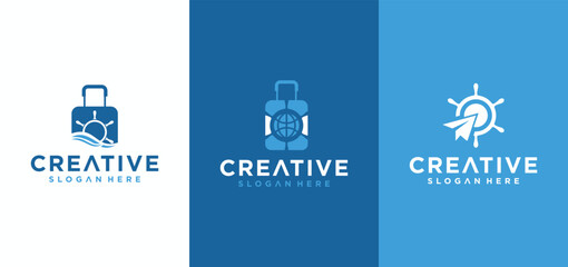 Naklejka premium Travel holiday logo with airplane and bag concept, Travel agency logo around the world by airplane.